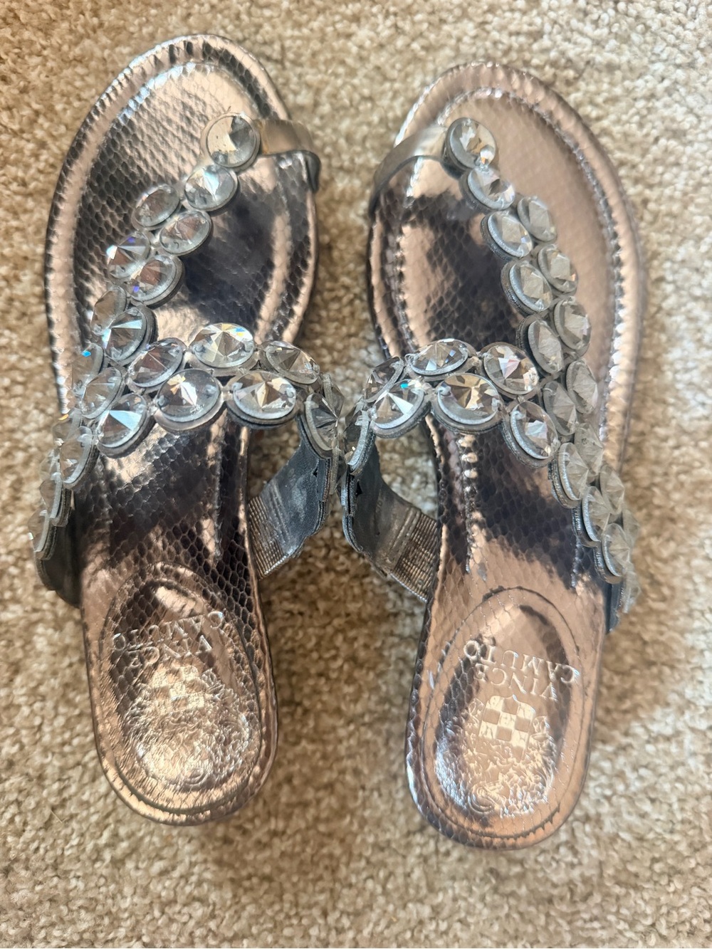 Vince Camuto Metallic Silver Crystal-Accent Slide Sandals, Never Worn, Like New